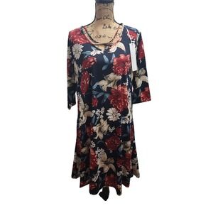 Heathmoor Floral Print Midi Dress Womens Large Navy Red White Casual‎